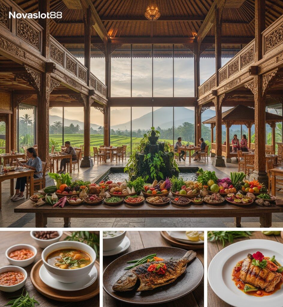 Restoran Novaslot88 yang damai, menampilkan gazebo makan pribadi dan area dining dengan dinding kaca besar menghadap pegunungan, menciptakan ketenangan alami.